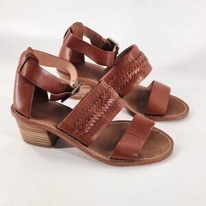 Madewell The Warren Leather Sandal Womens 7 Brown Block Heels Strappy Woven Boho